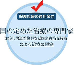 国の定めた治療の専門家(医師、柔道整復師など国家資格保持者)による治療に限定。